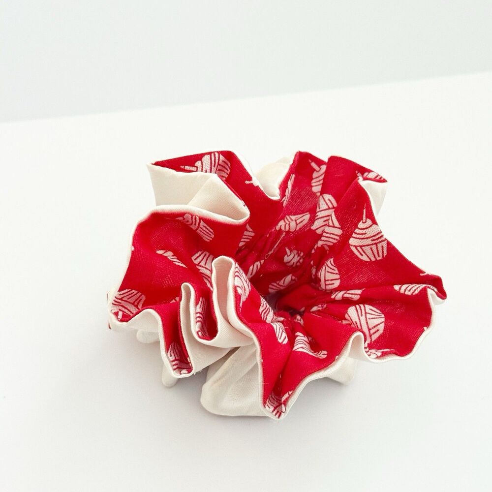 Handmade Red & Cream Scrunchie Hair Tie Ruffled Elastic Ponytail Holder - Picture 6 of 13